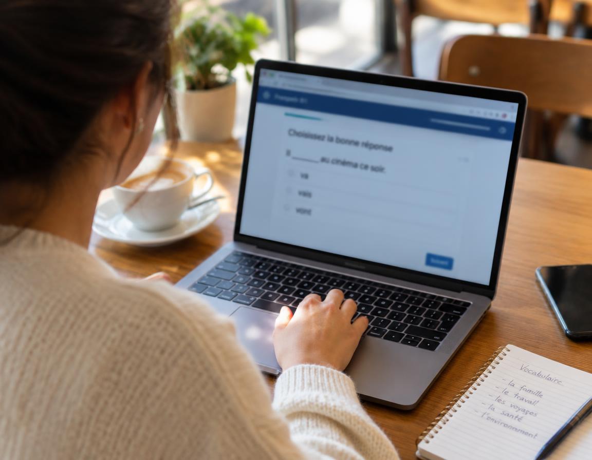 Learner taking an online French test on a laptop
